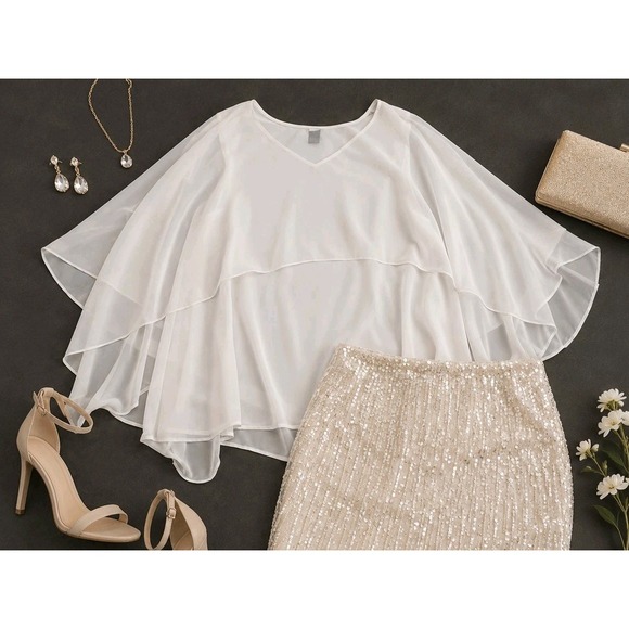 Chico's Black Label Tops - Chico's Black Label Size 1 Medium White Sheer Flowy Cape Sleeve Blouse Dressy